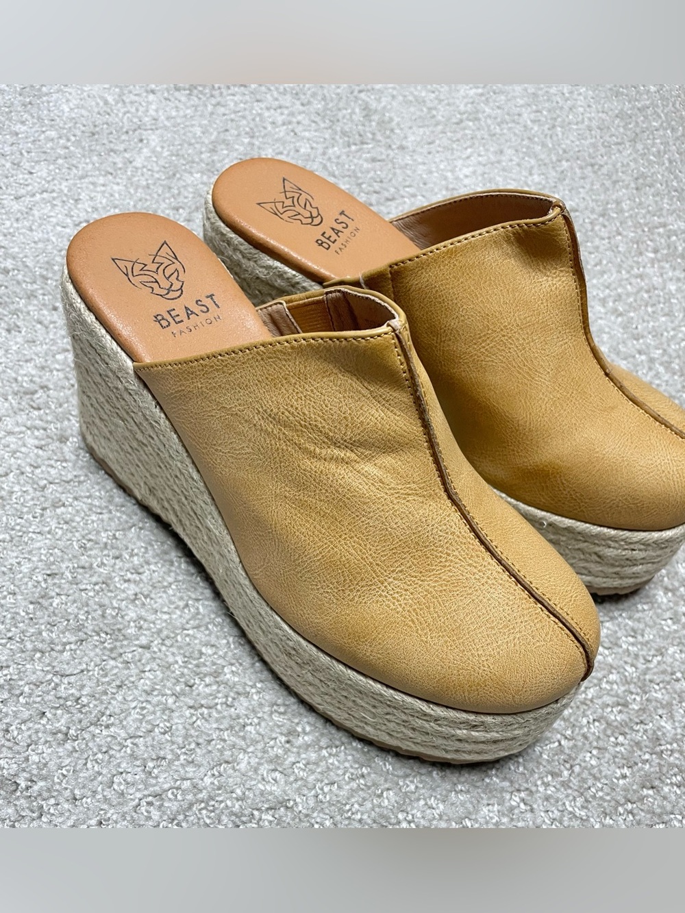 BEAST FASHION Tan Espadrille Platform Mule Slides